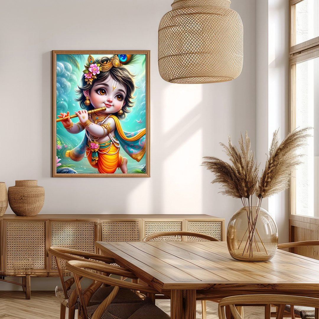 Add a touch of divine charm to your space with this enchanting artwork of a cherubic figure playing for Extra Kitchen