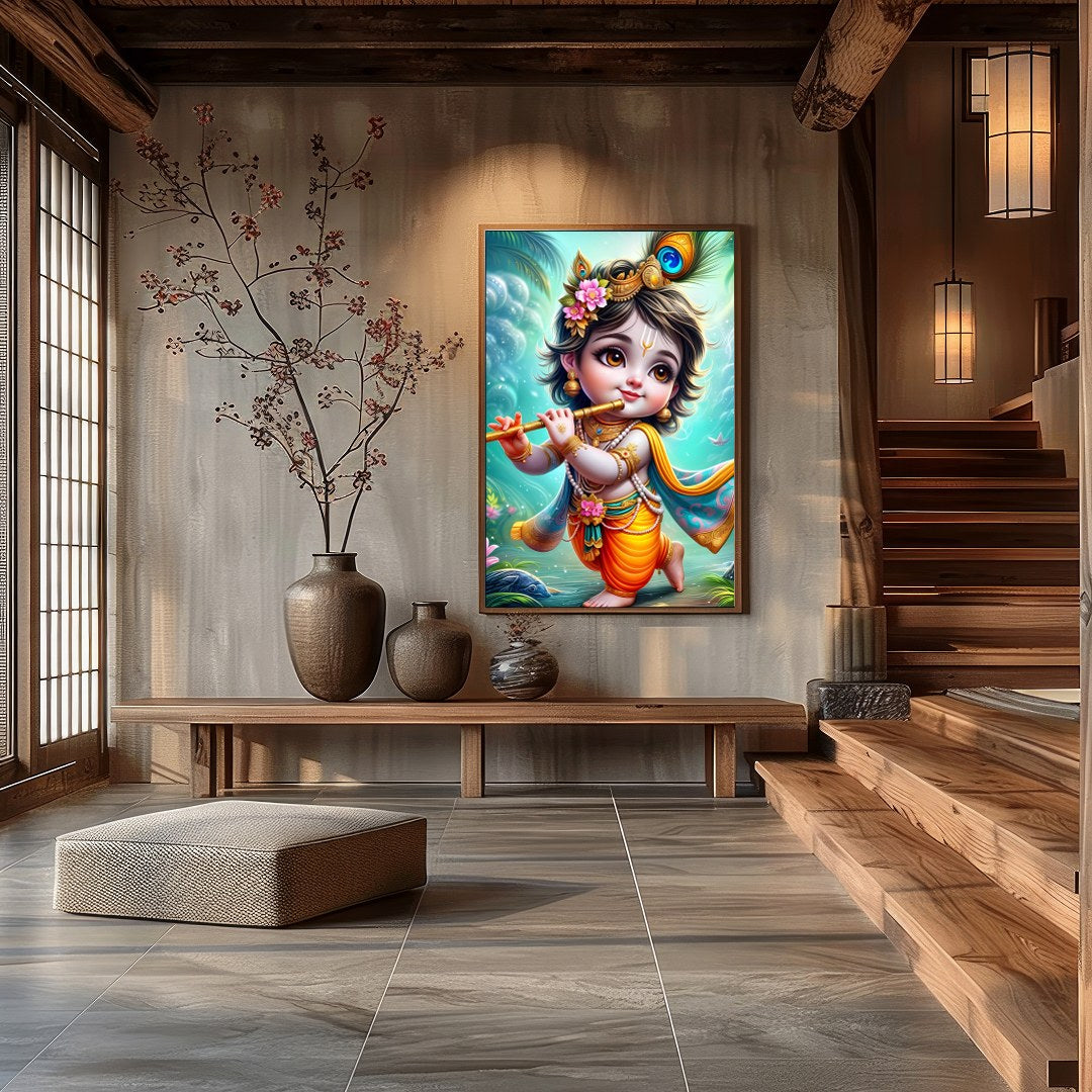 Add a touch of divine charm to your space with this enchanting artwork of a cherubic figure playing for Hall