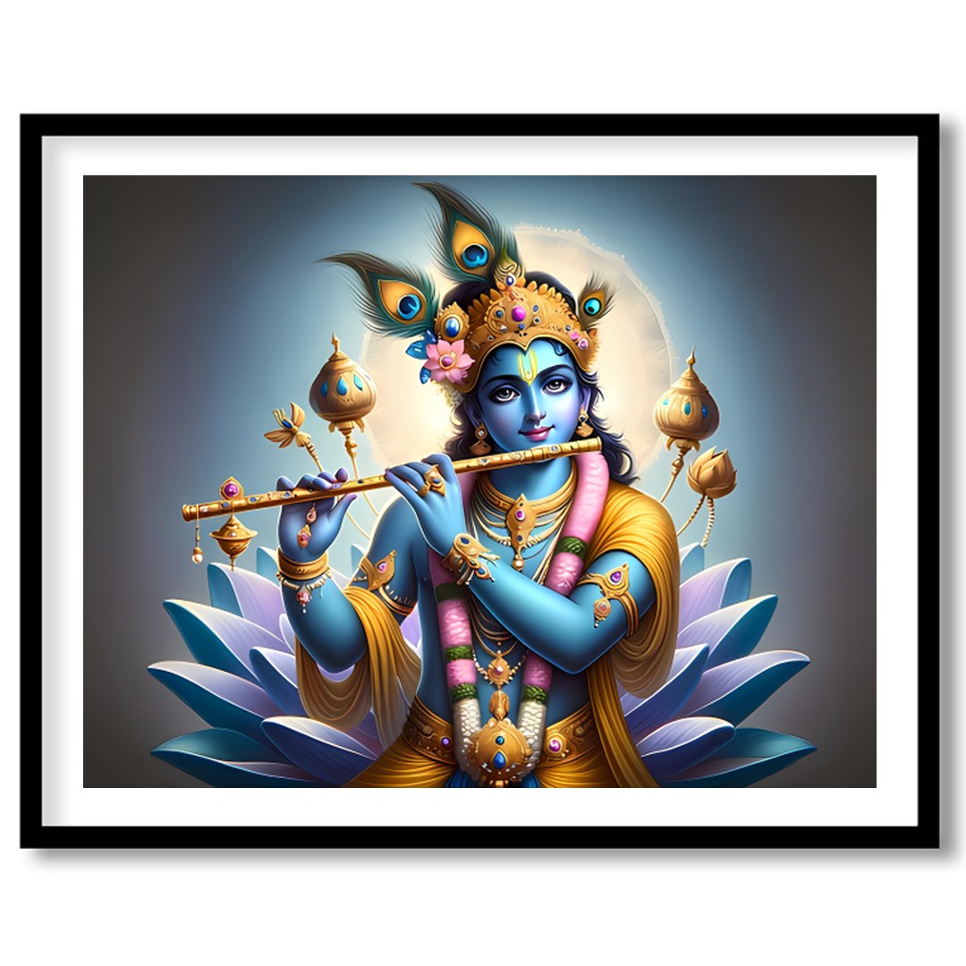 Immerse yourself in the serene beauty of this vibrant artwork depicting Lord Krishna playing his for area