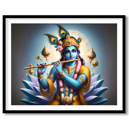 Immerse yourself in the serene beauty of this vibrant artwork depicting Lord Krishna playing his for area