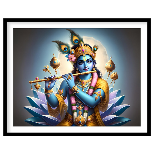 Immerse yourself in the serene beauty of this vibrant artwork depicting Lord Krishna playing his for area