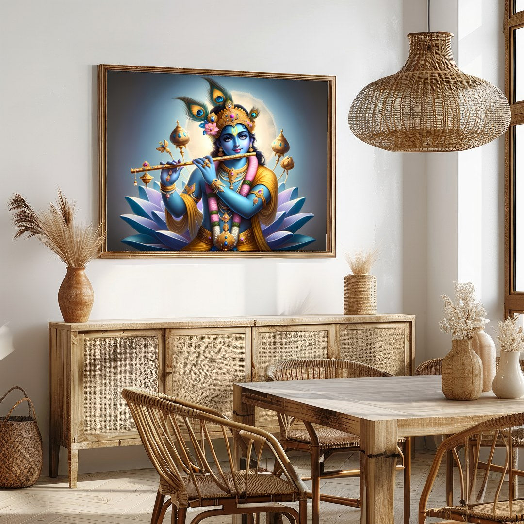 Immerse yourself in the serene beauty of this vibrant artwork depicting Lord Krishna playing his for Dining