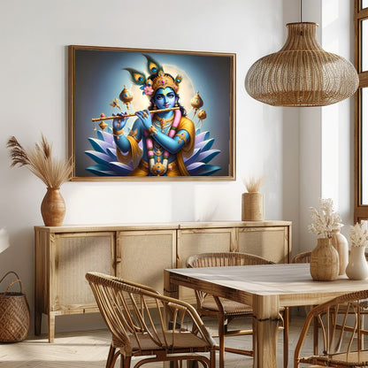 Immerse yourself in the serene beauty of this vibrant artwork depicting Lord Krishna playing his for Dining