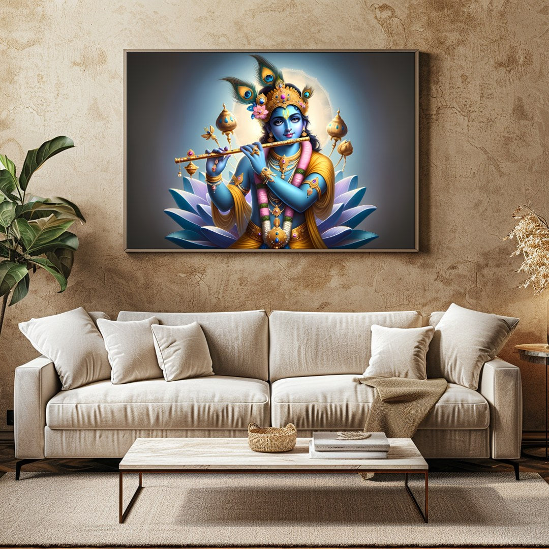 Immerse yourself in the serene beauty of this vibrant artwork depicting Lord Krishna playing his for Family Room