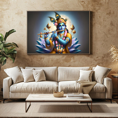 Immerse yourself in the serene beauty of this vibrant artwork depicting Lord Krishna playing his for Family Room