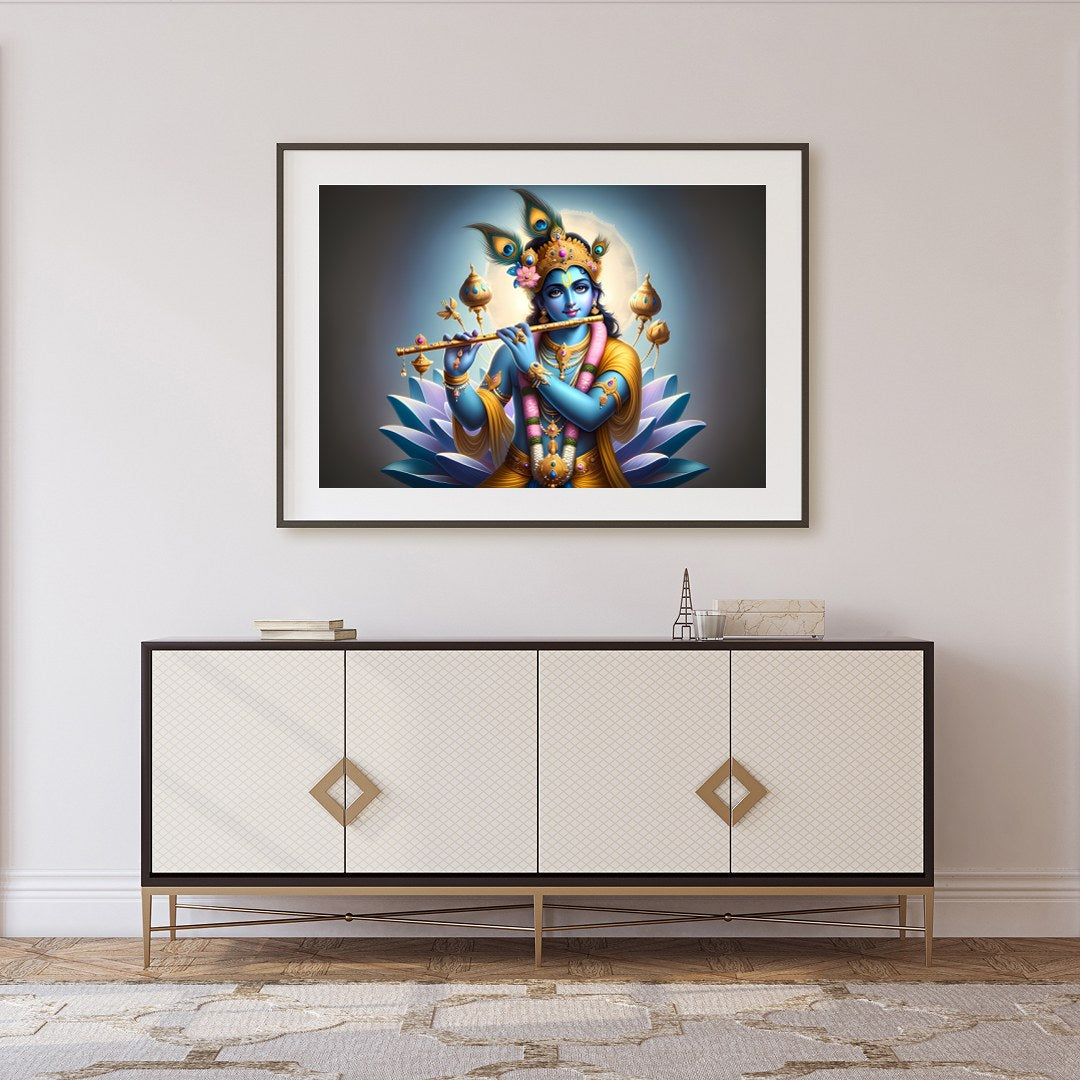 Immerse yourself in the serene beauty of this vibrant artwork depicting Lord Krishna playing his for Foyer