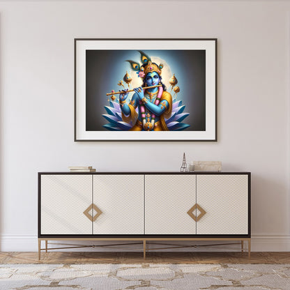Immerse yourself in the serene beauty of this vibrant artwork depicting Lord Krishna playing his for Foyer