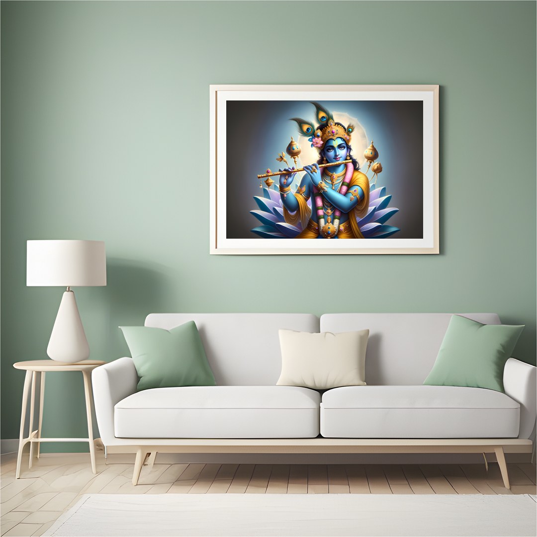 Immerse yourself in the serene beauty of this vibrant artwork depicting Lord Krishna playing his for Hall