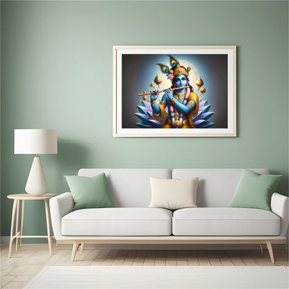 Immerse yourself in the serene beauty of this vibrant artwork depicting Lord Krishna playing his for Hall
