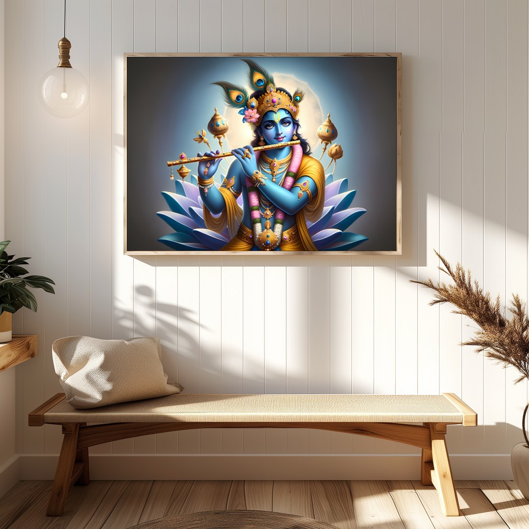 Immerse yourself in the serene beauty of this vibrant artwork depicting Lord Krishna playing his for Hallway
