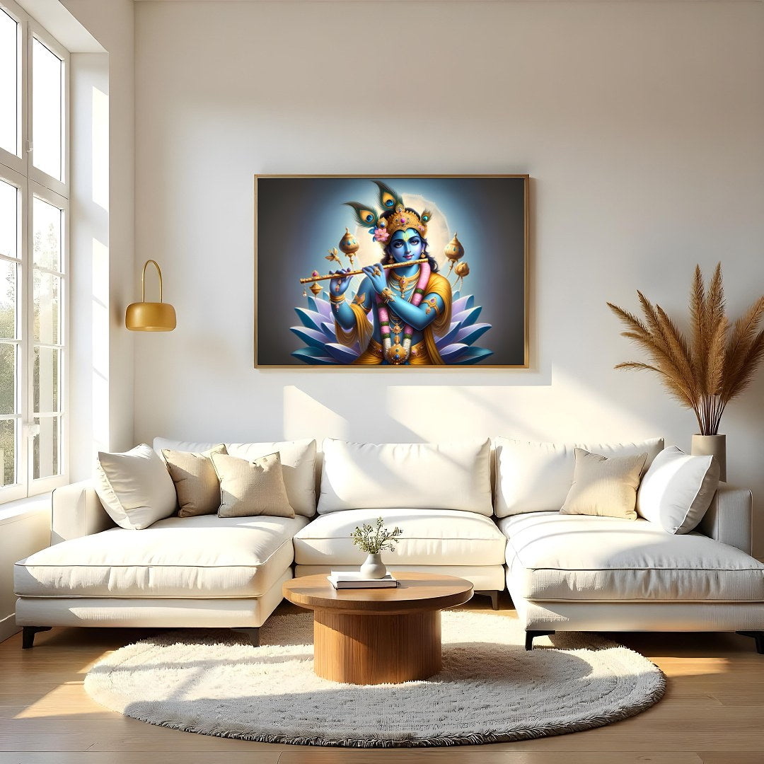 Immerse yourself in the serene beauty of this vibrant artwork depicting Lord Krishna playing his for Living Room