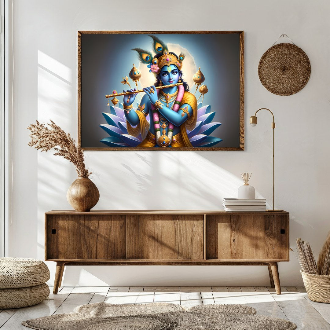 Immerse yourself in the serene beauty of this vibrant artwork depicting Lord Krishna playing his for Sitting Area