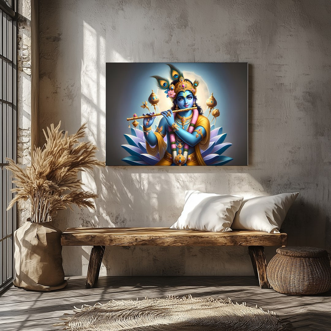 Immerse yourself in the serene beauty of this vibrant artwork depicting Lord Krishna playing his for Veranda
