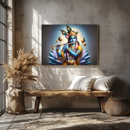 Immerse yourself in the serene beauty of this vibrant artwork depicting Lord Krishna playing his for Veranda
