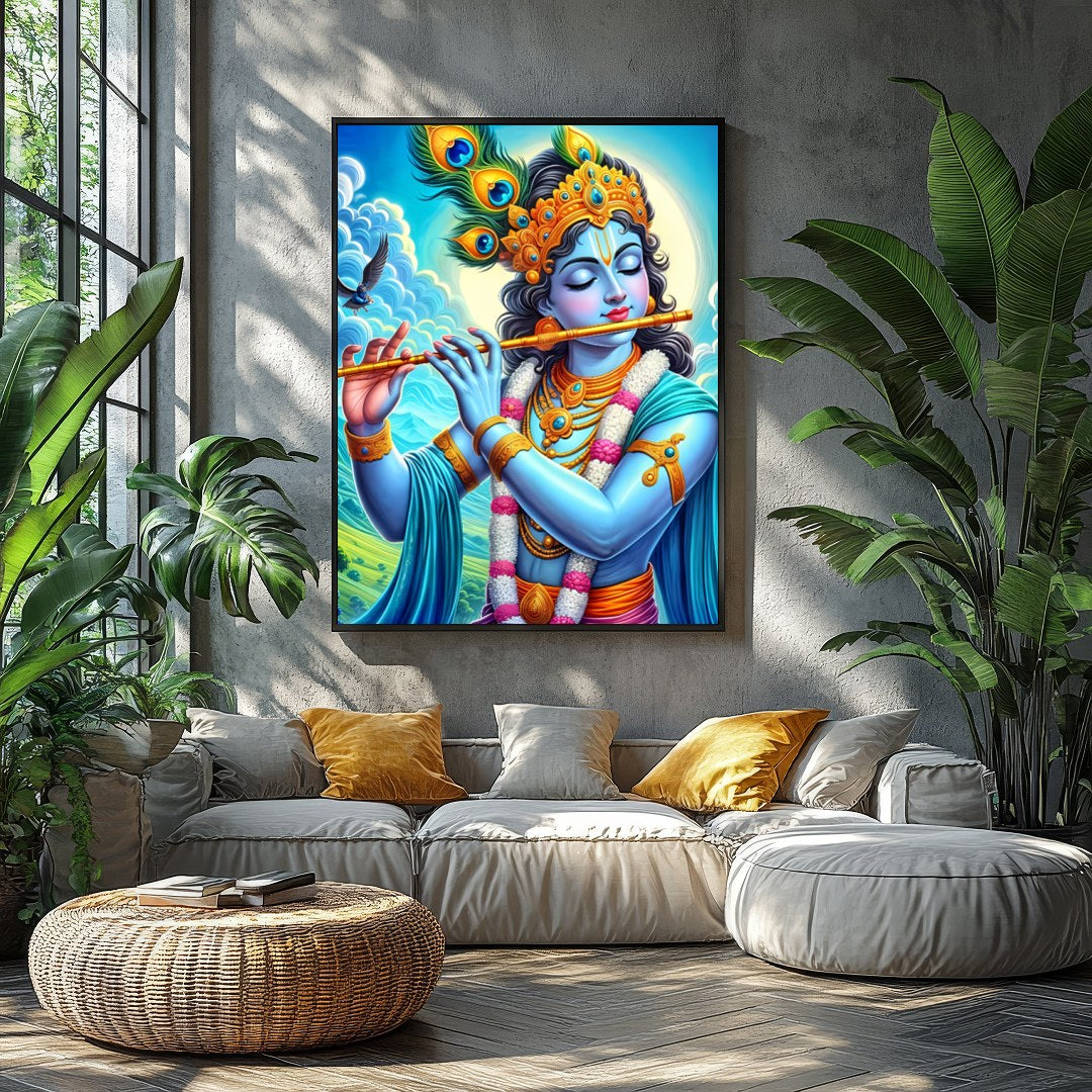 Immerse yourself in the divine serenity of Lord Krishna as he plays a melodious tune on his flute. for Balcony