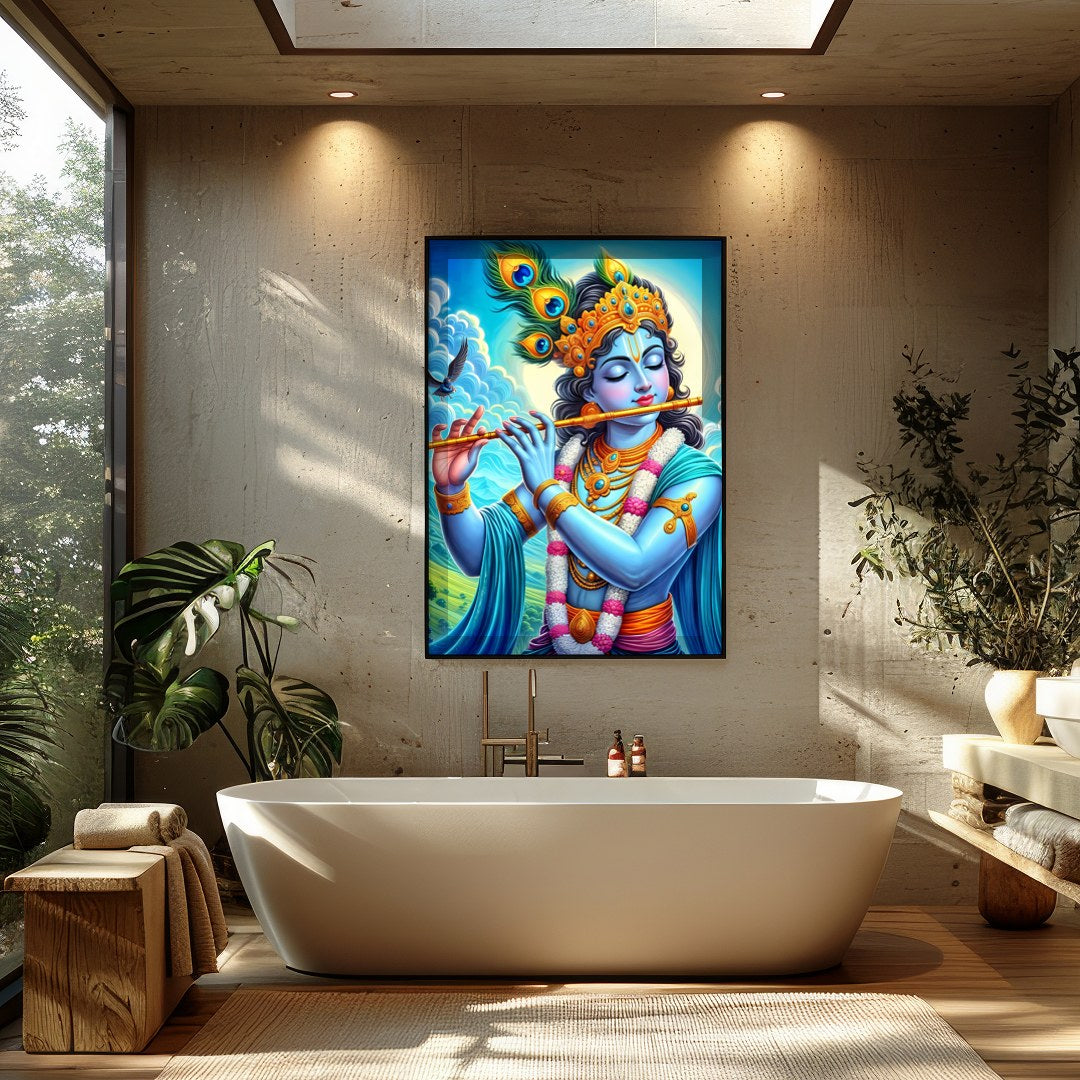 Immerse yourself in the divine serenity of Lord Krishna as he plays a melodious tune on his flute. for Bathroom