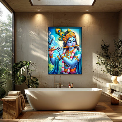 Immerse yourself in the divine serenity of Lord Krishna as he plays a melodious tune on his flute. for Bathroom