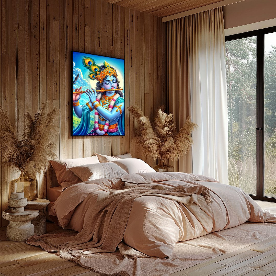 Immerse yourself in the divine serenity of Lord Krishna as he plays a melodious tune on his flute. for Bedroom