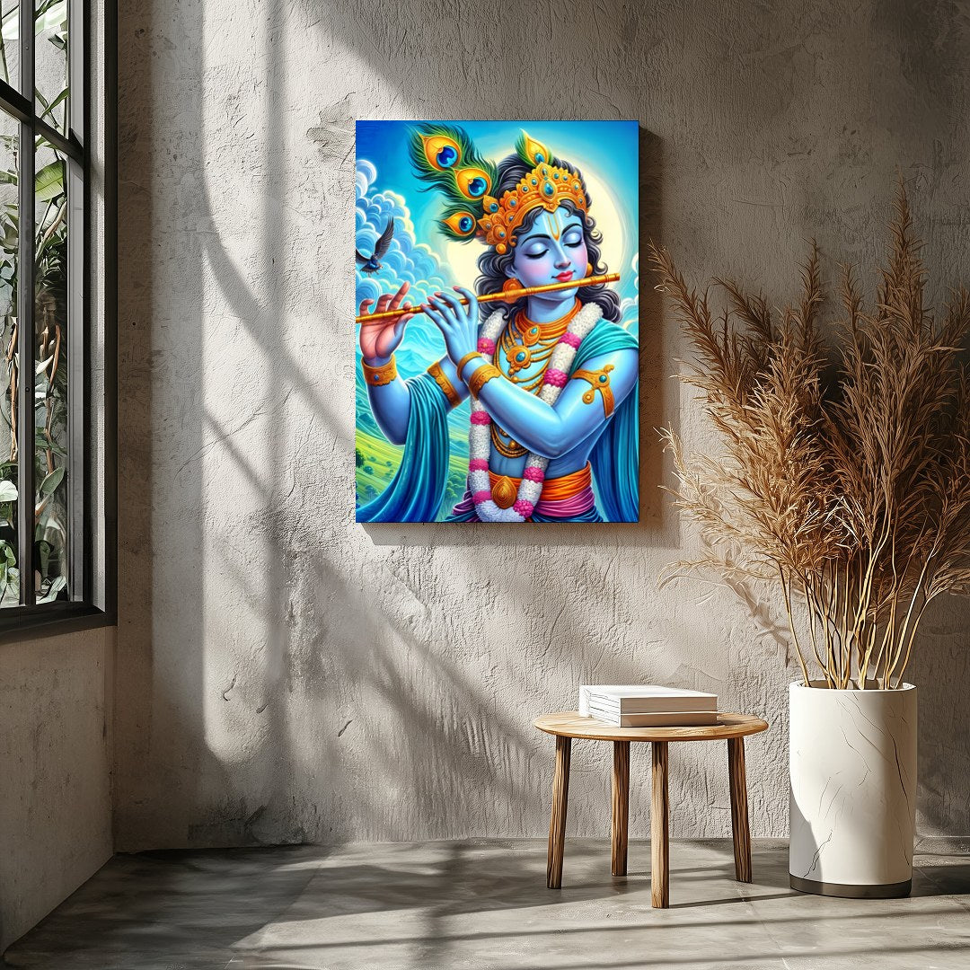 Immerse yourself in the divine serenity of Lord Krishna as he plays a melodious tune on his flute. for Entrance