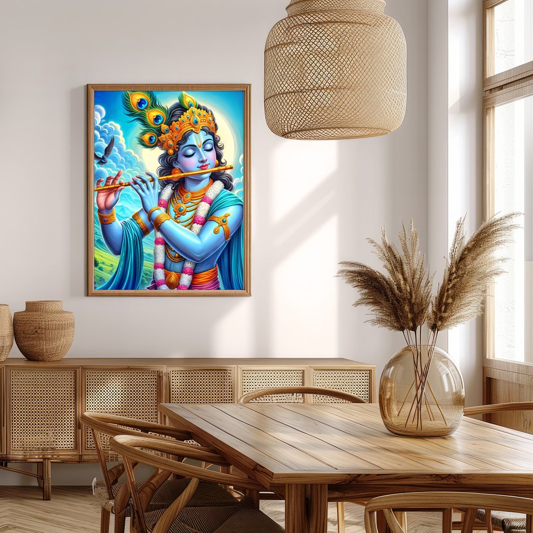 Immerse yourself in the divine serenity of Lord Krishna as he plays a melodious tune on his flute. for Extra Kitchen