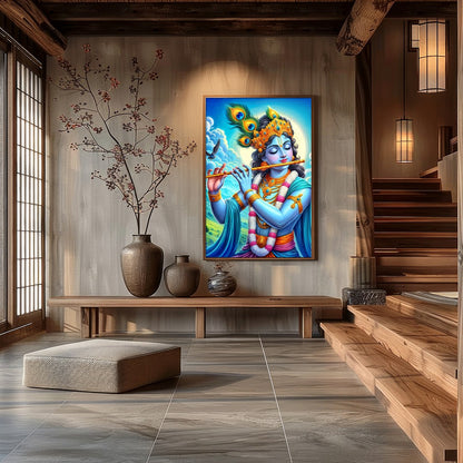 Immerse yourself in the divine serenity of Lord Krishna as he plays a melodious tune on his flute. for Hall