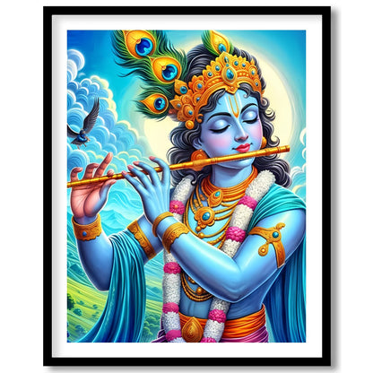 Immerse yourself in the divine serenity of Lord Krishna as he plays a melodious tune on his flute. for haven