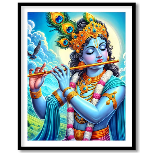 Immerse yourself in the divine serenity of Lord Krishna as he plays a melodious tune on his flute. for haven