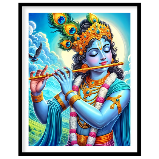Immerse yourself in the divine serenity of Lord Krishna as he plays a melodious tune on his flute. for haven