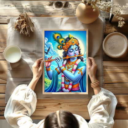 Immerse yourself in the divine serenity of Lord Krishna as he plays a melodious tune on his flute. for Kitchen