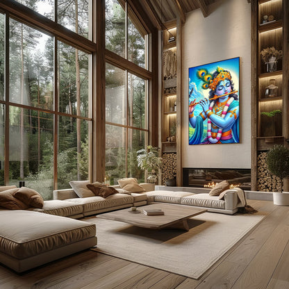 Immerse yourself in the divine serenity of Lord Krishna as he plays a melodious tune on his flute. for Living Room