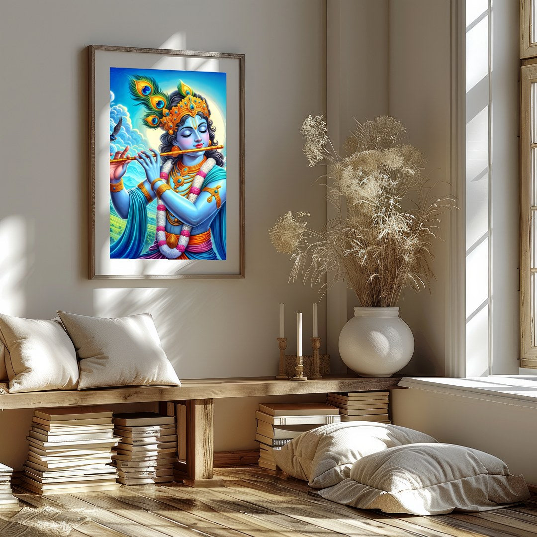 Immerse yourself in the divine serenity of Lord Krishna as he plays a melodious tune on his flute. for sanctuary
