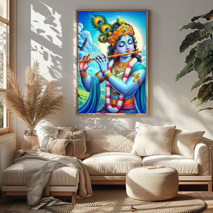 Immerse yourself in the divine serenity of Lord Krishna as he plays a melodious tune on his flute. for Sitting Area