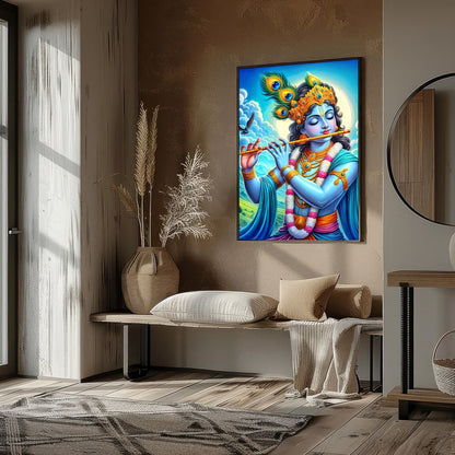 Immerse yourself in the divine serenity of Lord Krishna as he plays a melodious tune on his flute. for space
