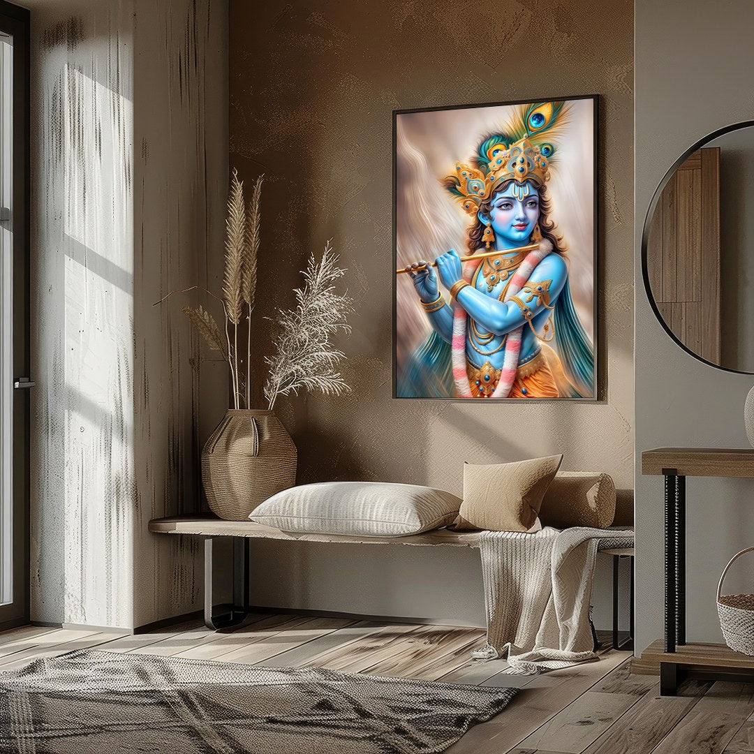 Experience the serene elegance of the Divine Melody Krishna wall art. This stunning piece captures for abode