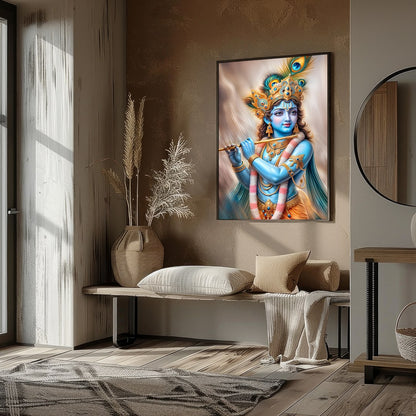 Experience the serene elegance of the Divine Melody Krishna wall art. This stunning piece captures for abode