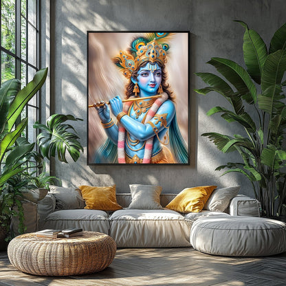 Experience the serene elegance of the Divine Melody Krishna wall art. This stunning piece captures for Balcony