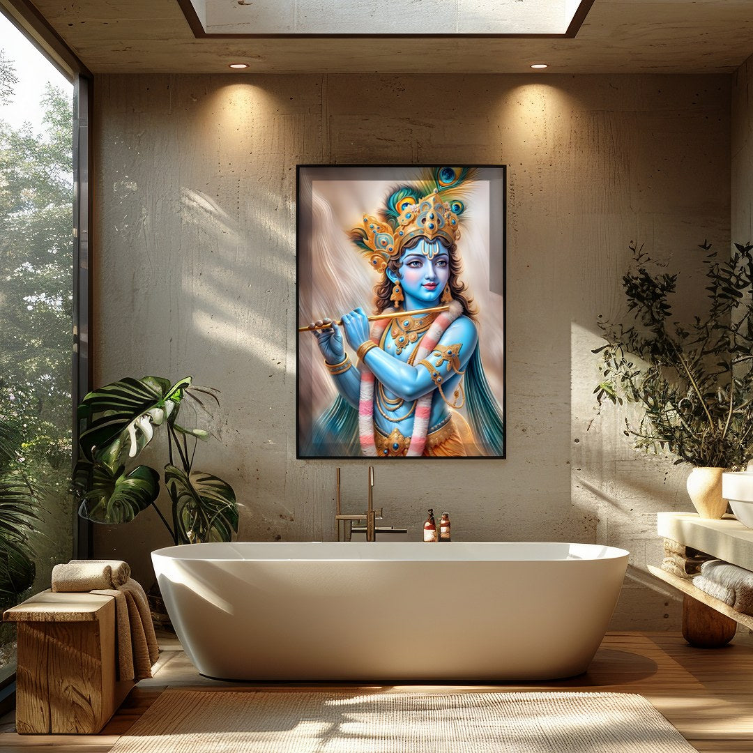 Experience the serene elegance of the Divine Melody Krishna wall art. This stunning piece captures for Bathroom