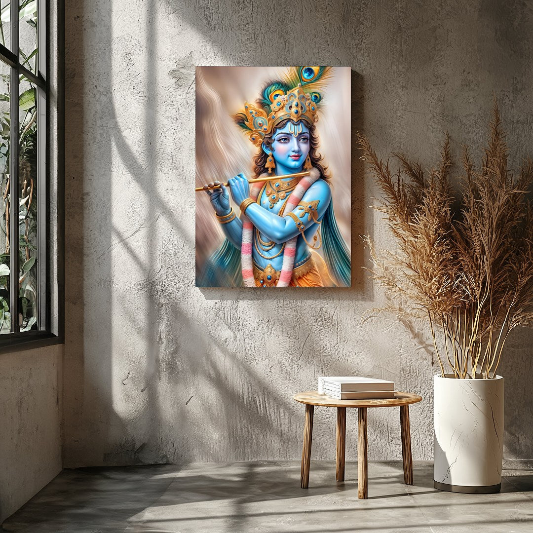 Experience the serene elegance of the Divine Melody Krishna wall art. This stunning piece captures for Entrance