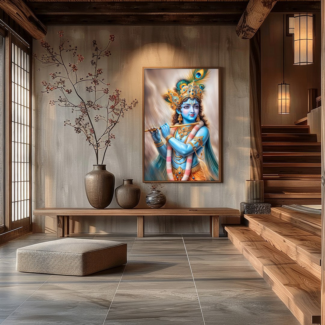 Experience the serene elegance of the Divine Melody Krishna wall art. This stunning piece captures for Hall