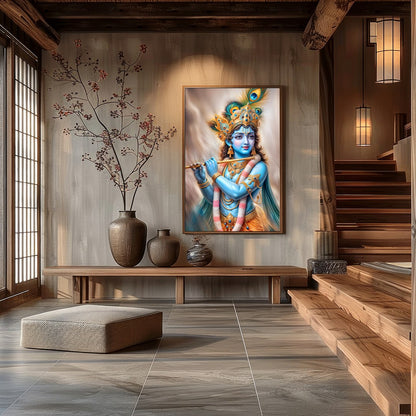 Experience the serene elegance of the Divine Melody Krishna wall art. This stunning piece captures for Hall
