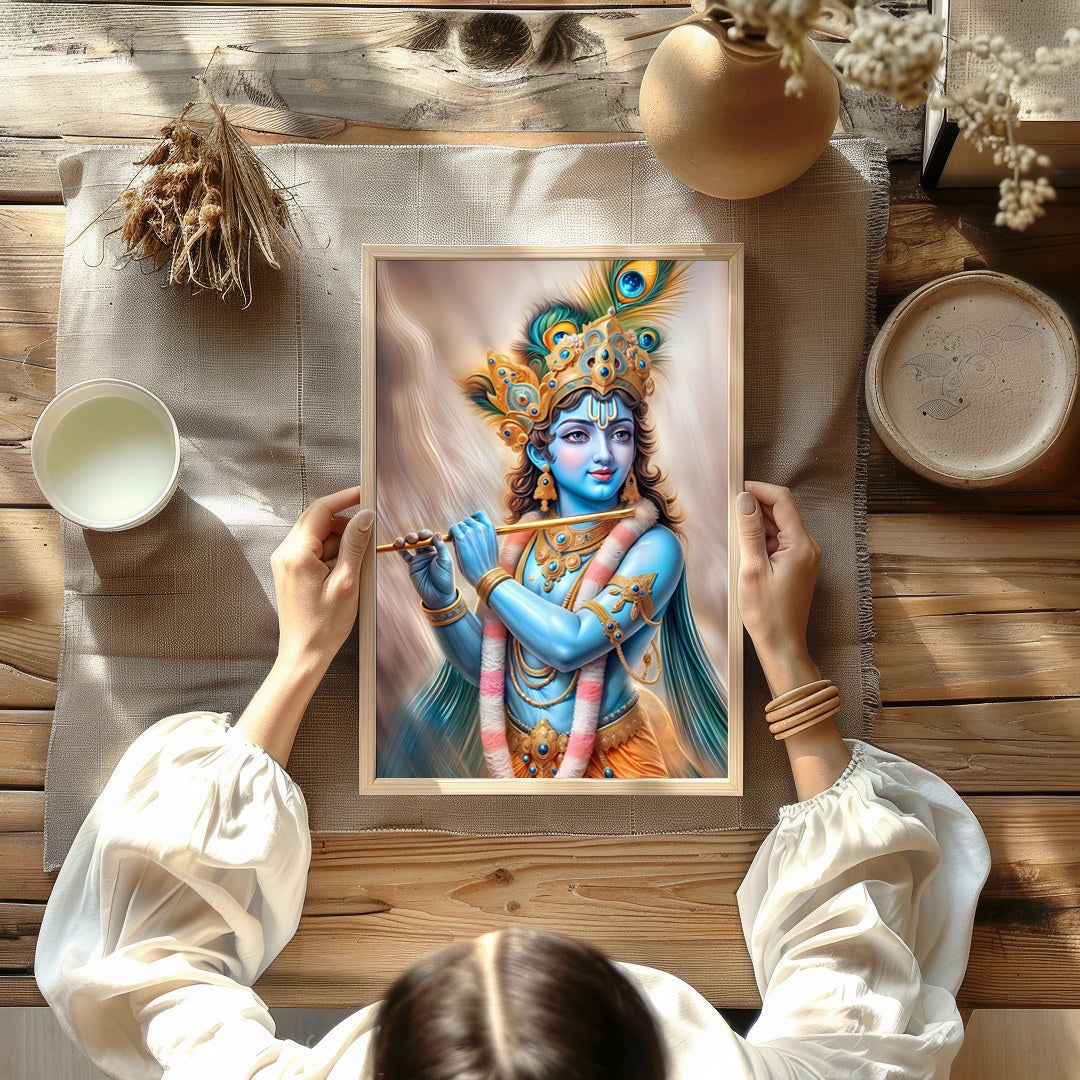 Experience the serene elegance of the Divine Melody Krishna wall art. This stunning piece captures for Kitchen