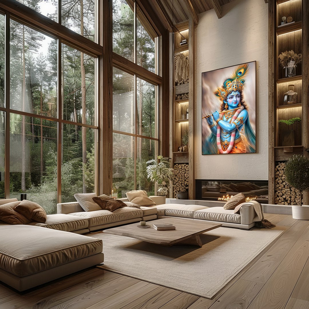 Experience the serene elegance of the Divine Melody Krishna wall art. This stunning piece captures for Living Room