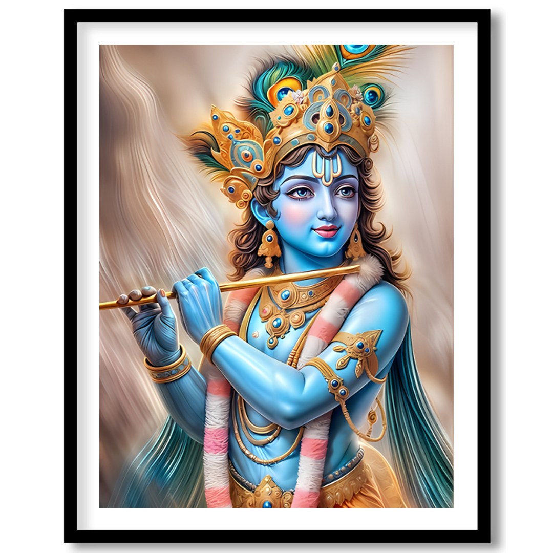 Experience the serene elegance of the Divine Melody Krishna wall art. This stunning piece captures for loft