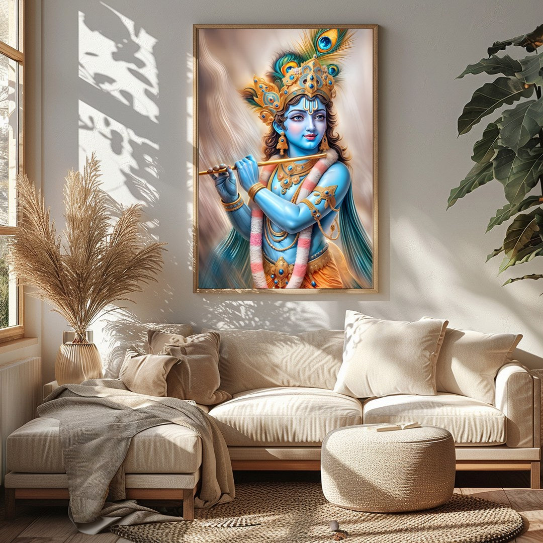 Experience the serene elegance of the Divine Melody Krishna wall art. This stunning piece captures for Sitting Area