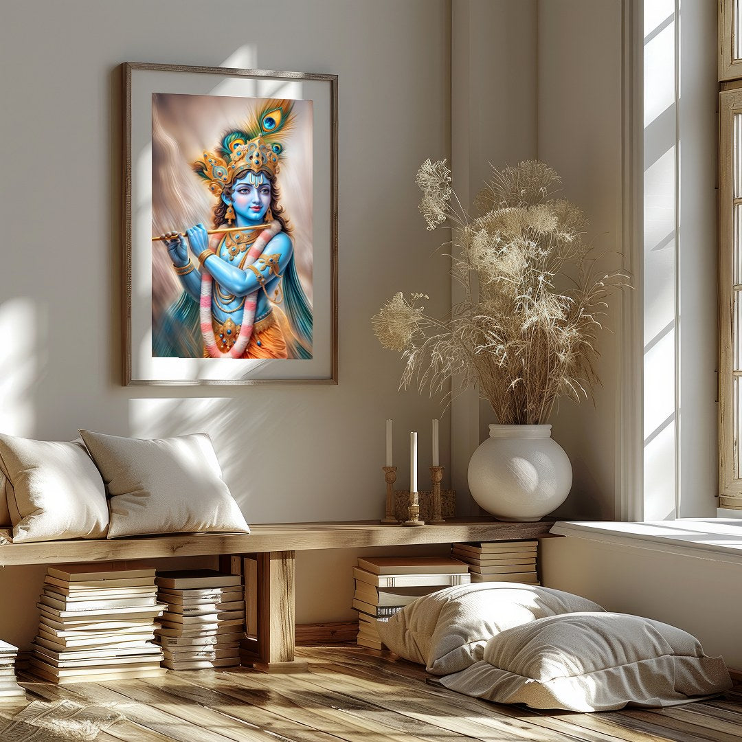 Experience the serene elegance of the Divine Melody Krishna wall art. This stunning piece captures for space