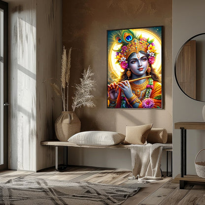 Immerse yourself in the divine elegance of this vibrant artwork featuring the beloved deity for area