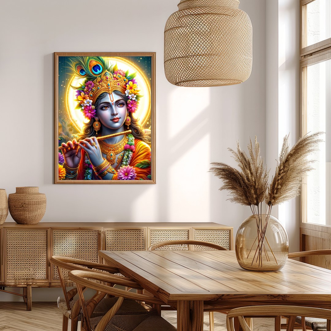 Immerse yourself in the divine elegance of this vibrant artwork featuring the beloved deity for Extra Kitchen