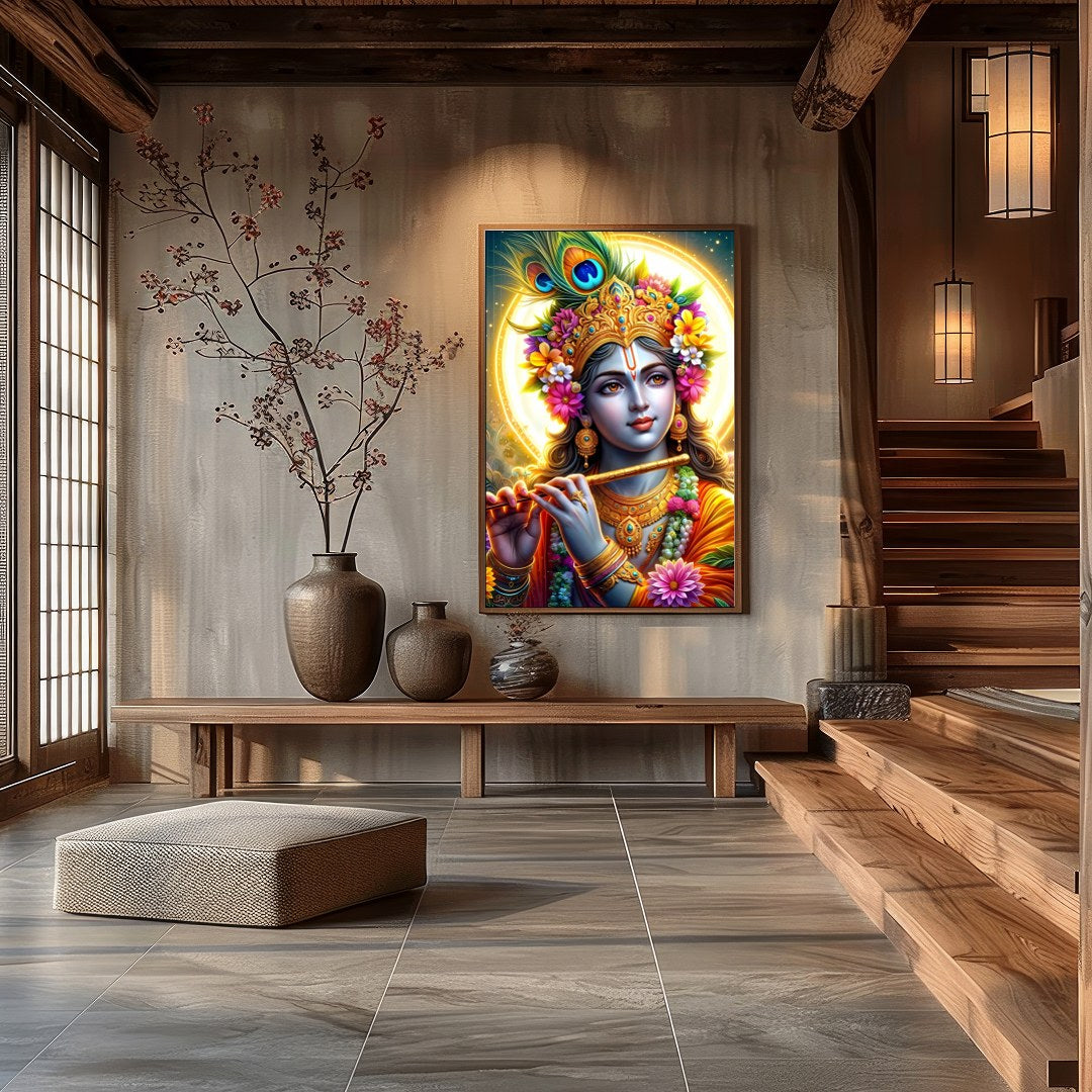 Immerse yourself in the divine elegance of this vibrant artwork featuring the beloved deity for Hall