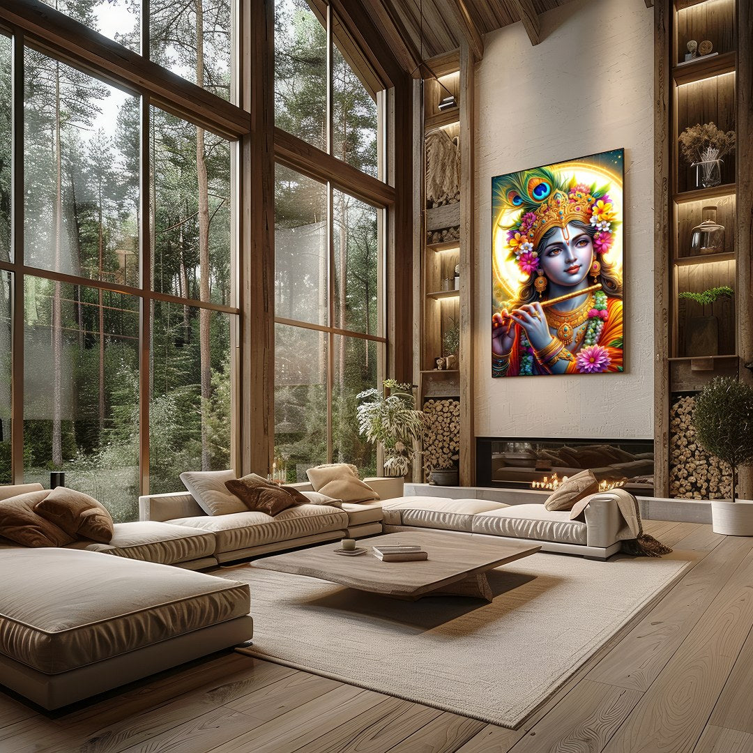 Immerse yourself in the divine elegance of this vibrant artwork featuring the beloved deity for Living Room