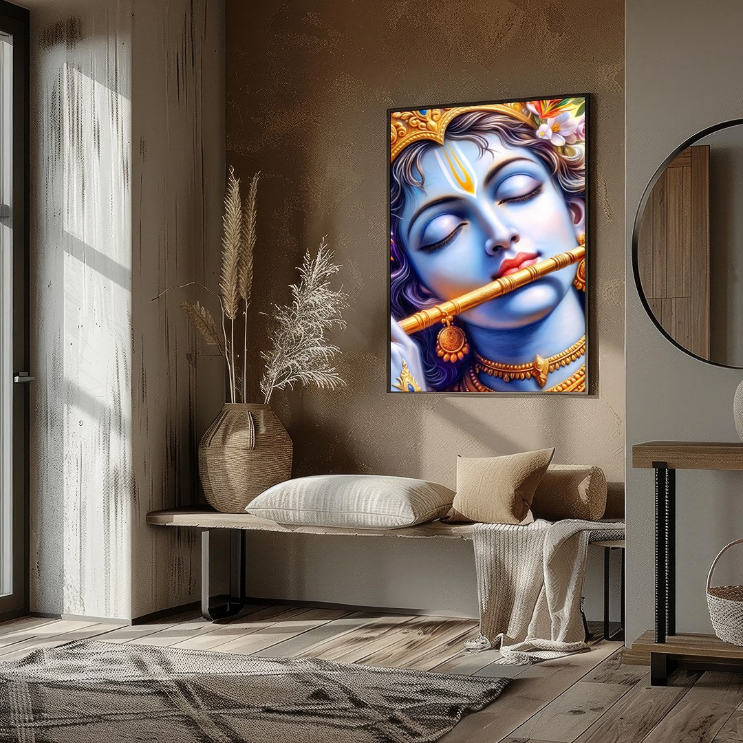 Immerse yourself in the divine tranquility of Krishna's presence with this captivating wall art for area
